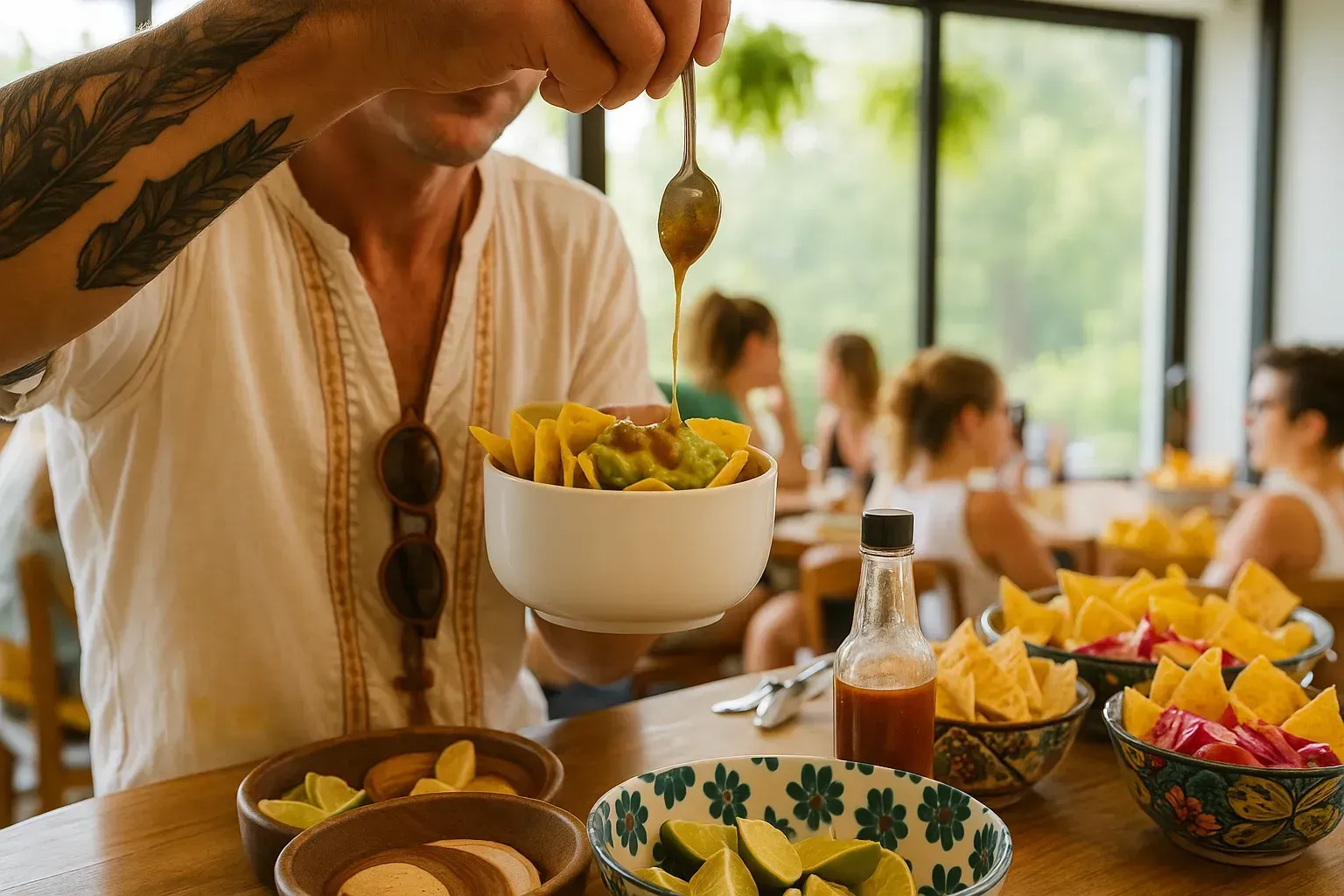 Guest preparing a fresh bowl of chips and guacamole at Vajra Jahra Retreat Center, a Costa Rica retreat center.