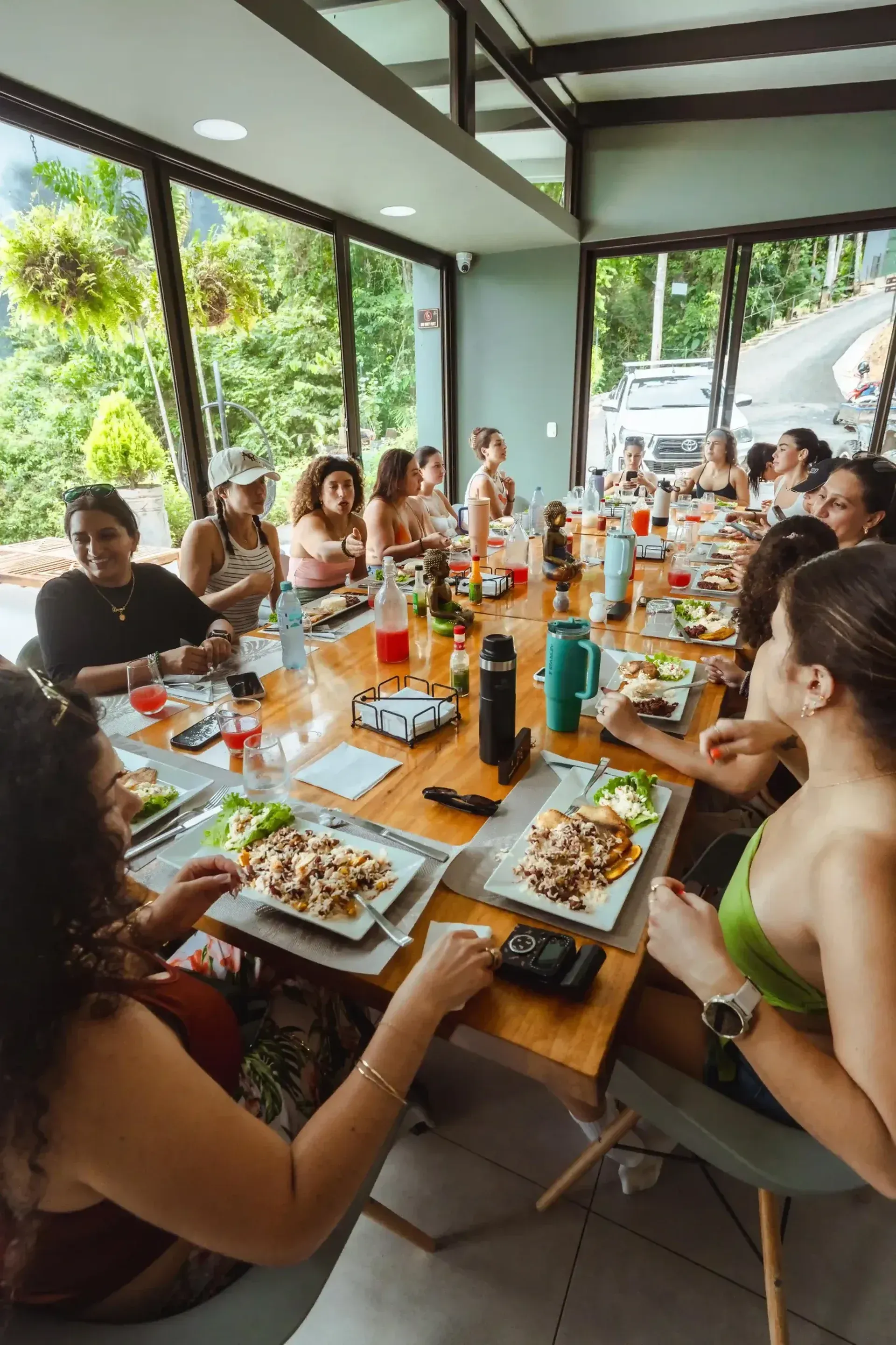 Meal in the open-air dining space at Vajra Jahra Retreat Center, a Costa Rica retreat center.