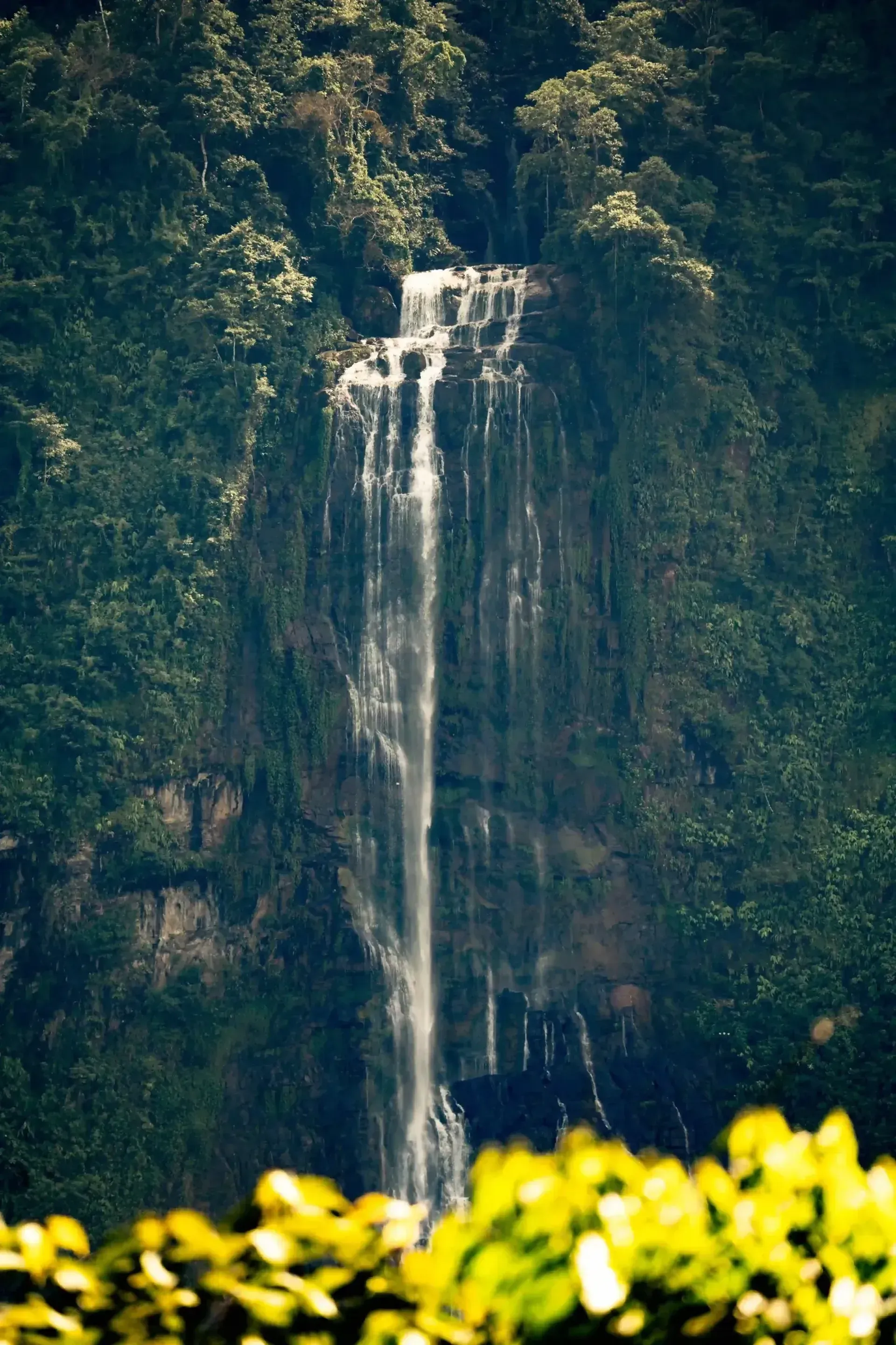 View of a tall jungle waterfall near Vajra Jahra Retreat Center, a costa rica retreat center surrounded by lush rainforest.